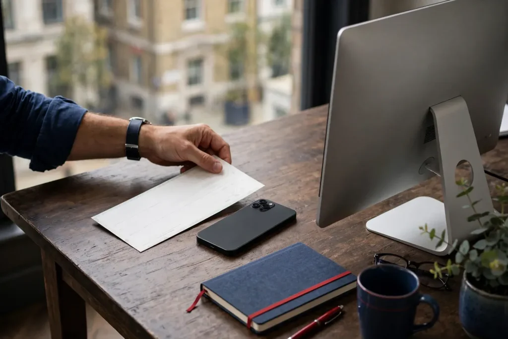 Blank cheque beside neutral-screen devices in a UK casino payment theme