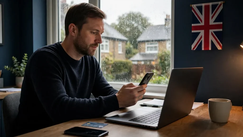 UK gambler making a bank transfer deposit at a home desk