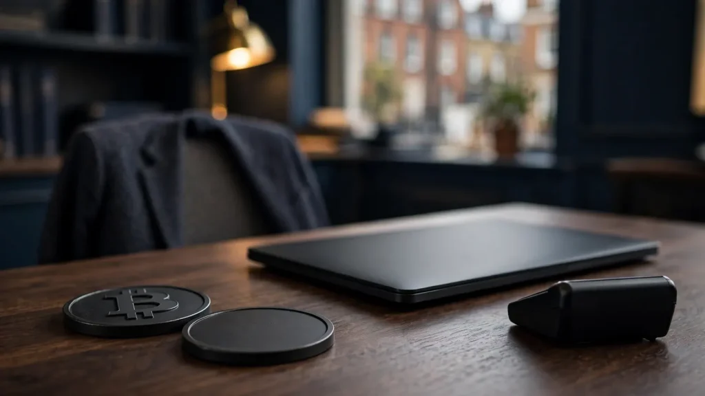 Separate Bitcoin tokens beside closed devices in a London office setting