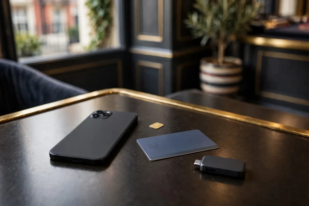 Blank-screened phone and payment items on a UK casino counter