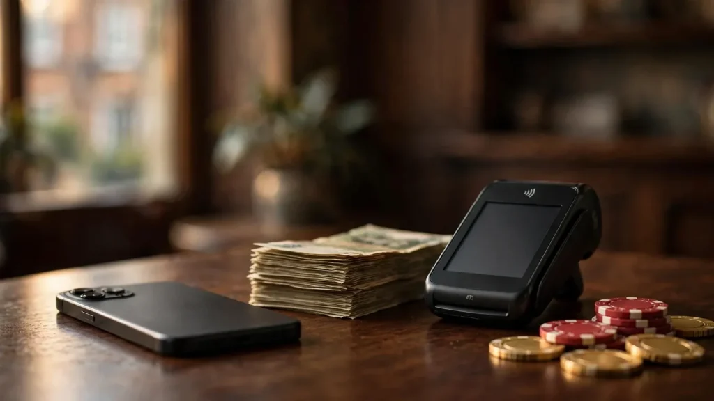Casino chips, British pounds and a payment terminal on a dark wooden table
