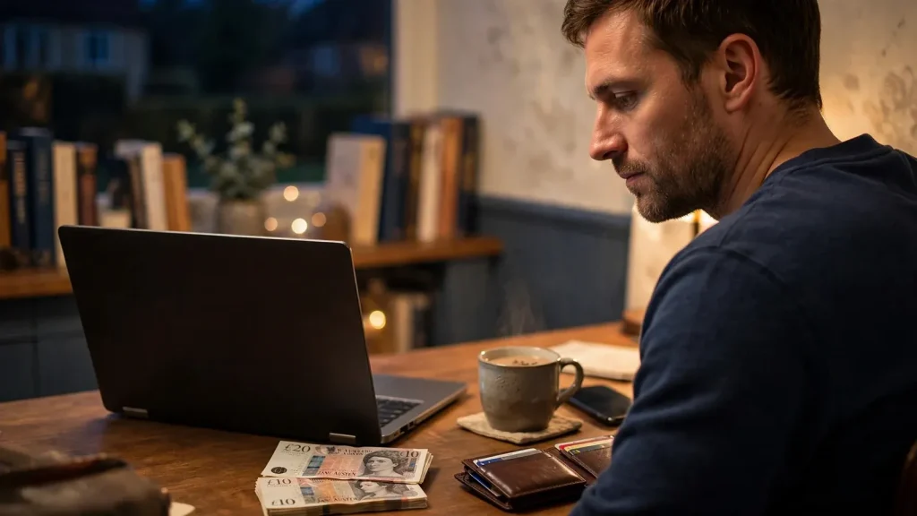 Person at a desk reviewing online payment options on a laptop at night in the UK