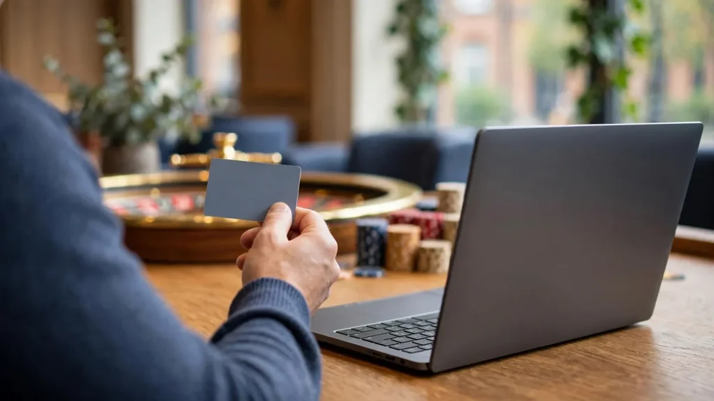 Anonymous user holds a debit card beside a laptop in a UK casino lounge