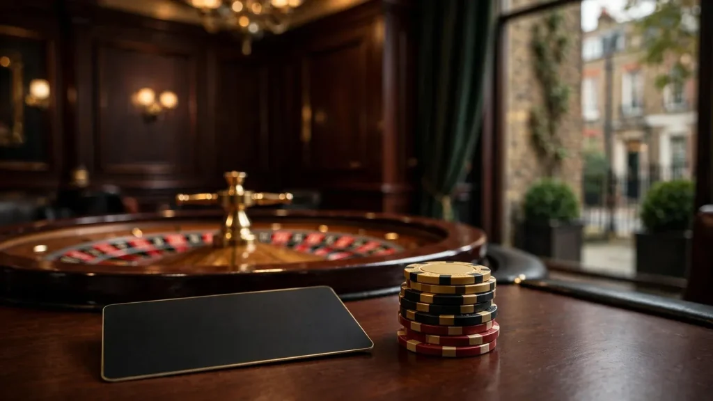 Diners Club card on casino table with chips and roulette wheel
