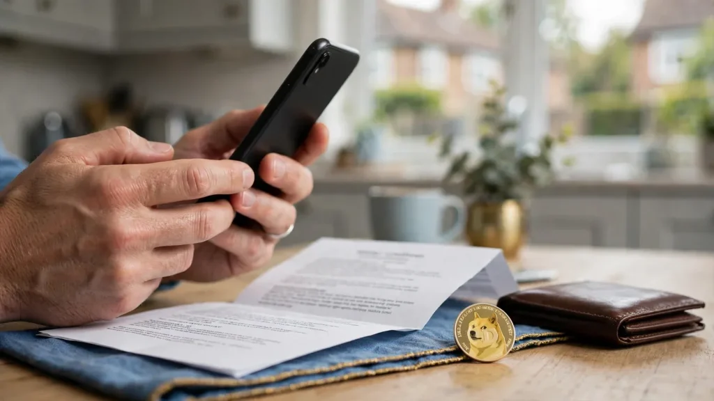 UK gambler checking crypto bonus terms before depositing Dogecoin