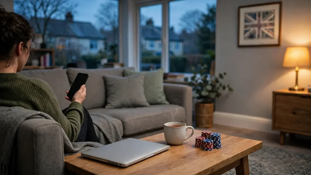 Person in British living room with phone, closed laptop, tea, and casino chips