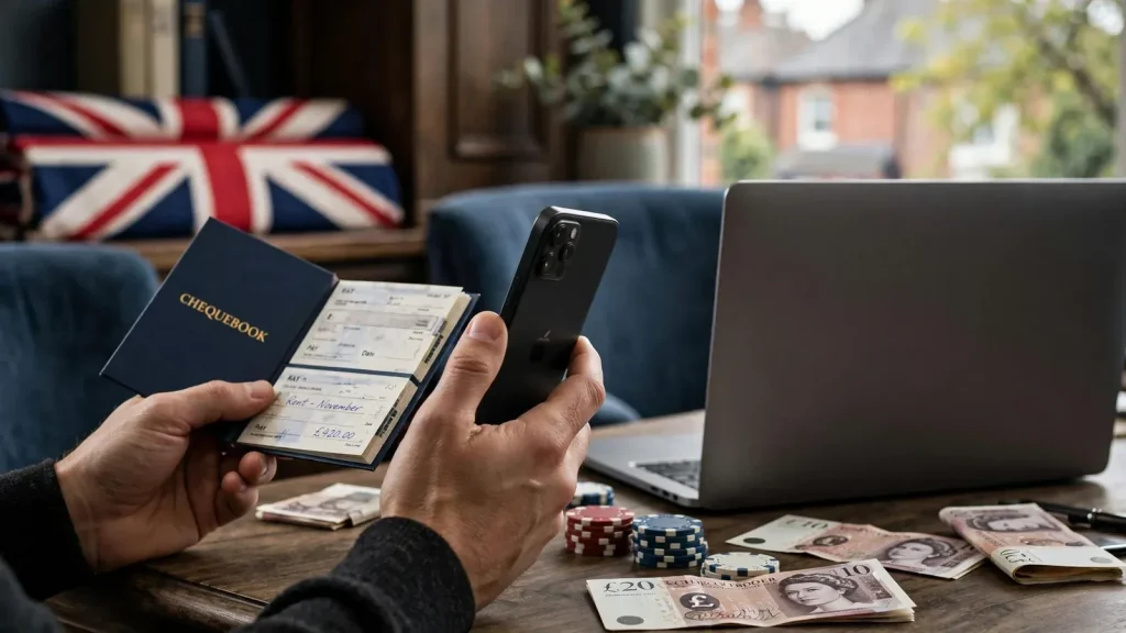 UK gambler checking e-cheque payment options using a phone