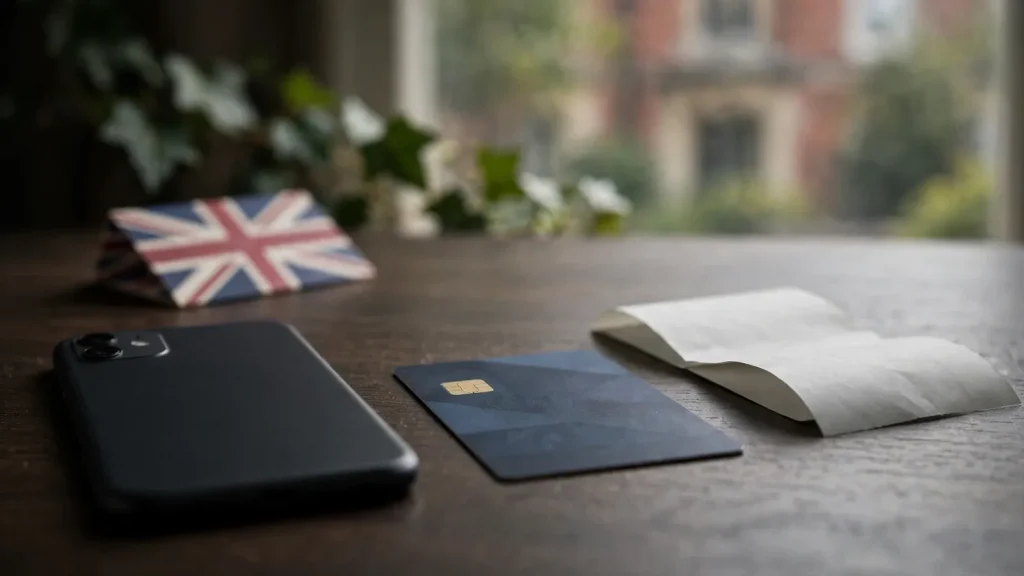 Phone, debit card and payment receipt on a UK-themed desk