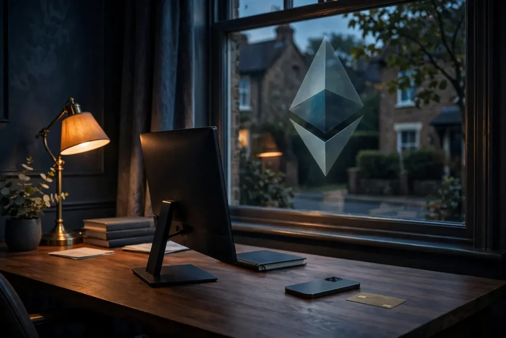 Ethereum-themed devices and payment card in a UK home office