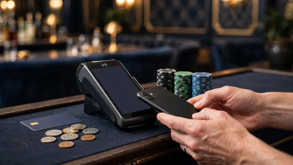 Smartphone making a contactless payment at a UK casino cashier counter