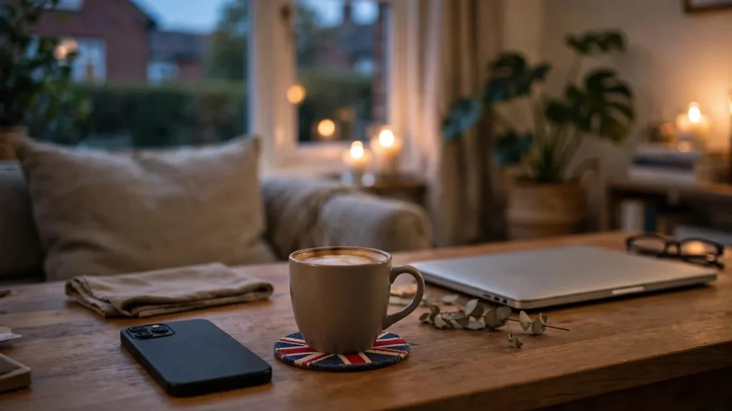 Smartphone on desk in a UK home, symbolizing online casino payment options.
