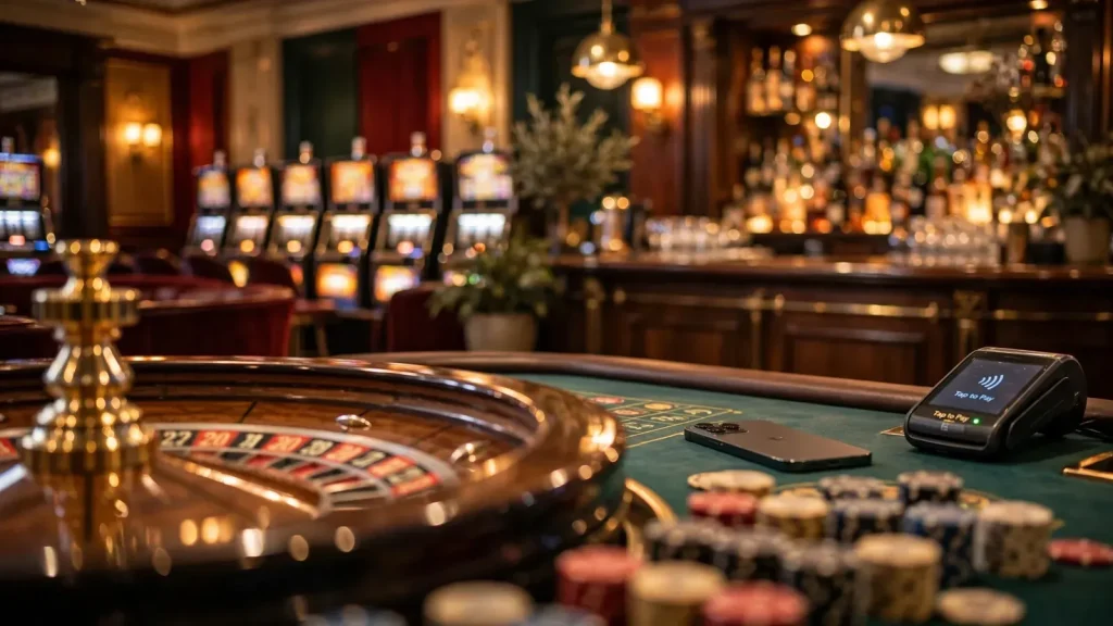 Modern British casino interior with roulette table and smartphone near contactless payment terminal
