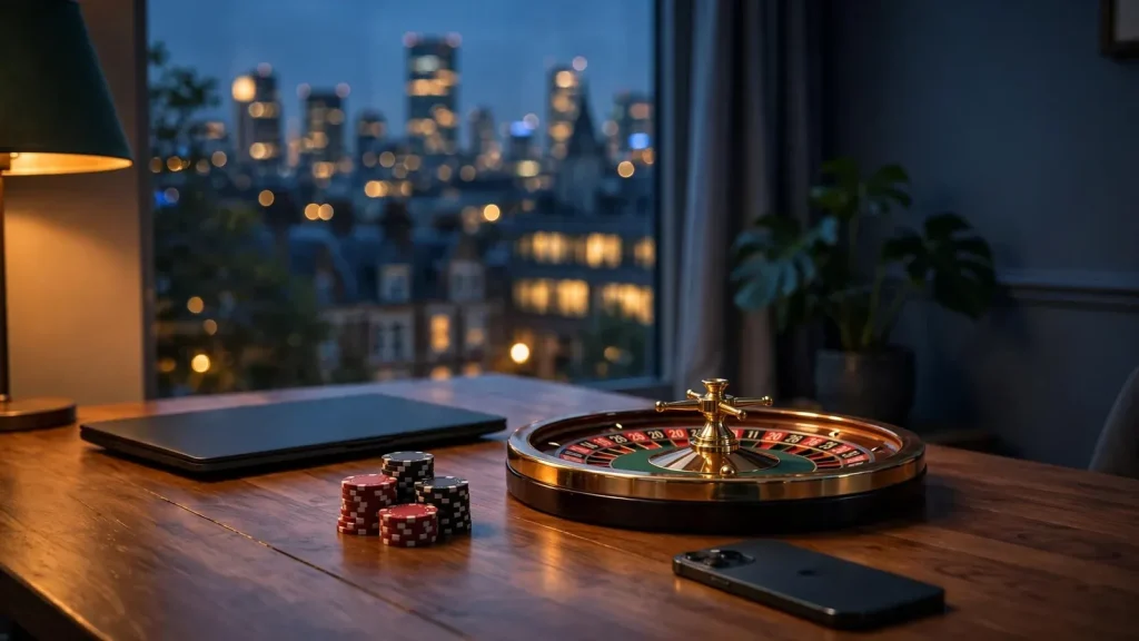 Modern British home casino setup with chips, roulette, and closed laptop