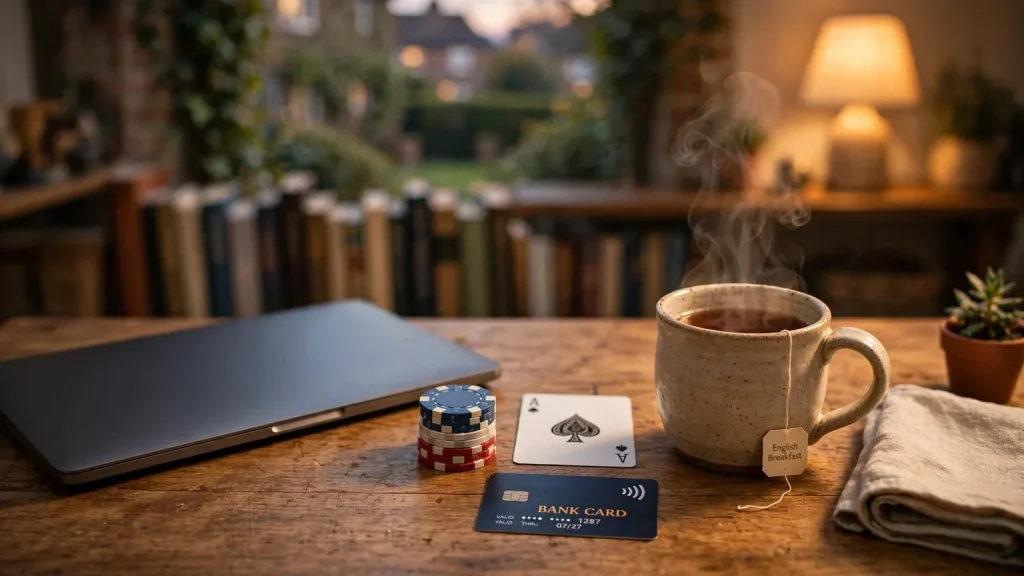 Closed laptop on wooden desk with poker chips, playing card, bank card and cup of tea