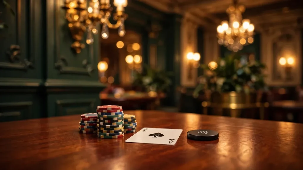 Elegant UK casino lounge with casino chips, a playing card, and a contactless payment token on a mahogany table.
