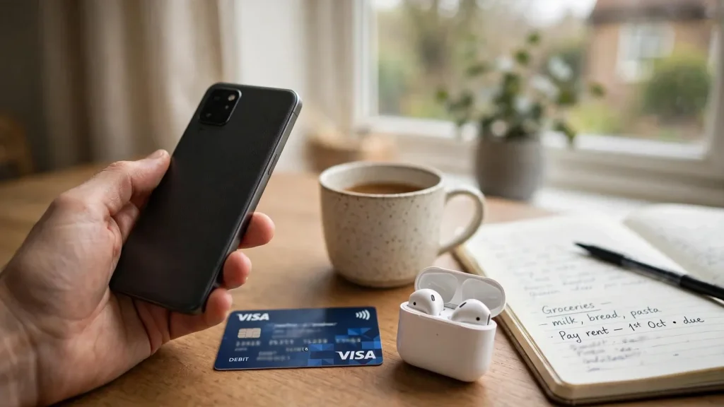 Smartphone with contactless card on a desk in a British home, representing online payment
