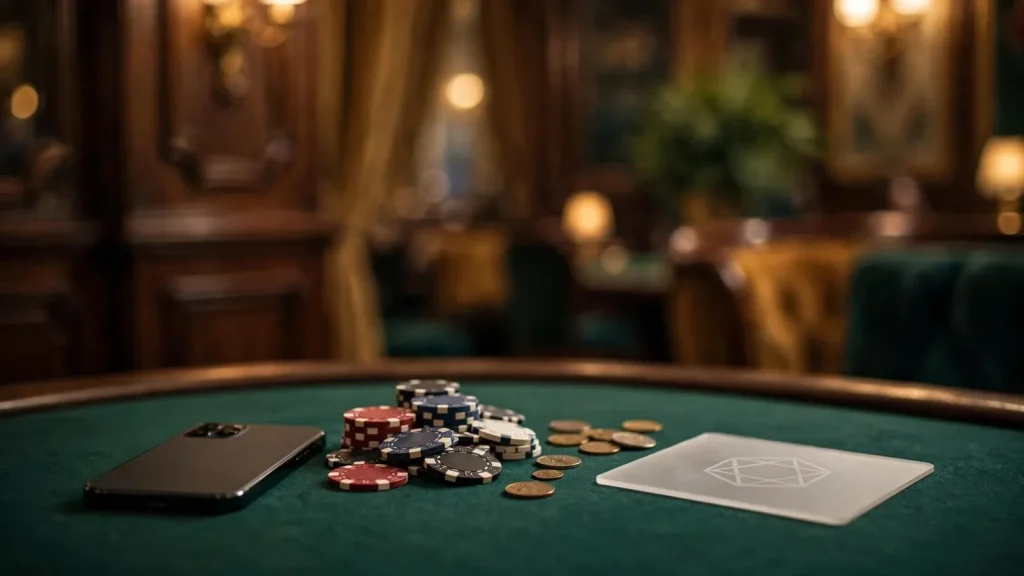 Litecoin-themed casino payment scene with chips, tokens and a closed smartphone
