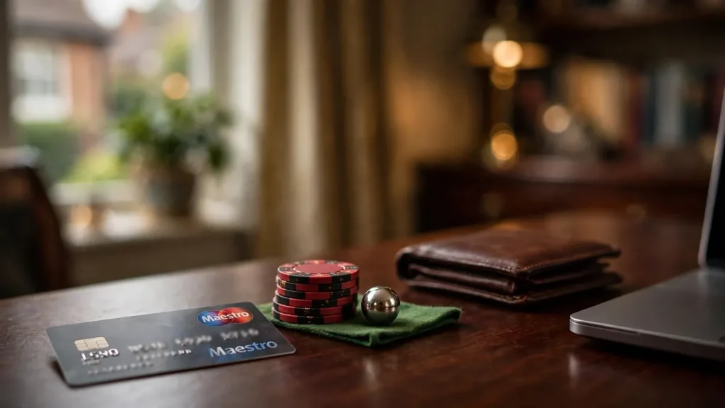 Maestro bank card with casino chips on green felt