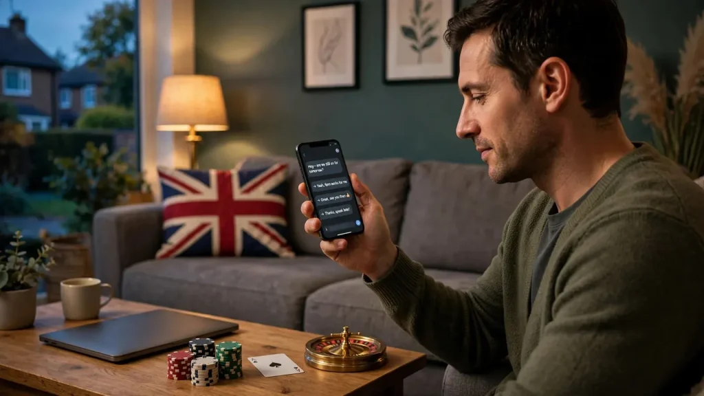 Person at home using smartphone with casino chips and roulette wheel on table
