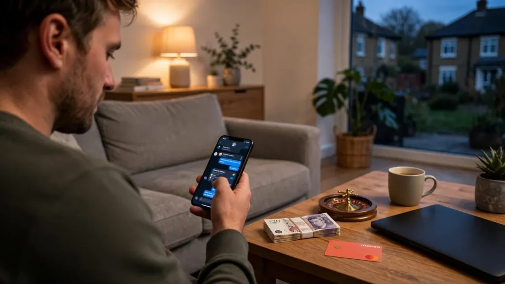 Person paying at an online casino via smartphone with Monzo card in UK home