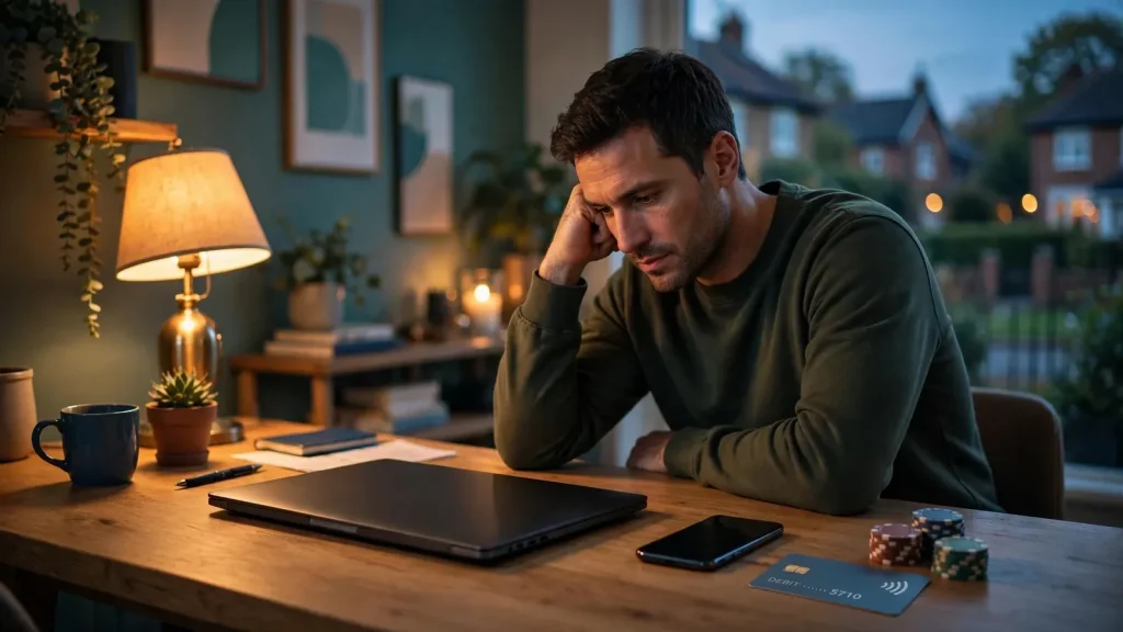 Person at desk with smartphone, payment card, and casino chips in a modern UK home.