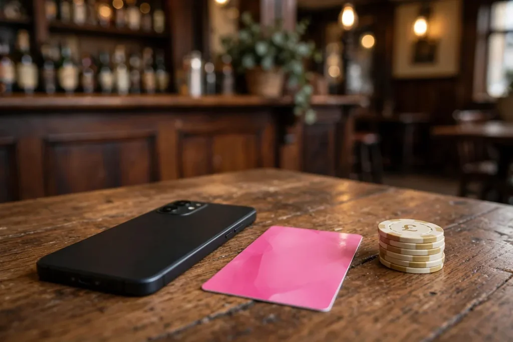 Pink Neosurf voucher, smartphone, and poker chips on a pub table in the UK.
