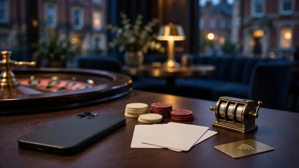 Smartphone with casino chips and roulette wheel on a table