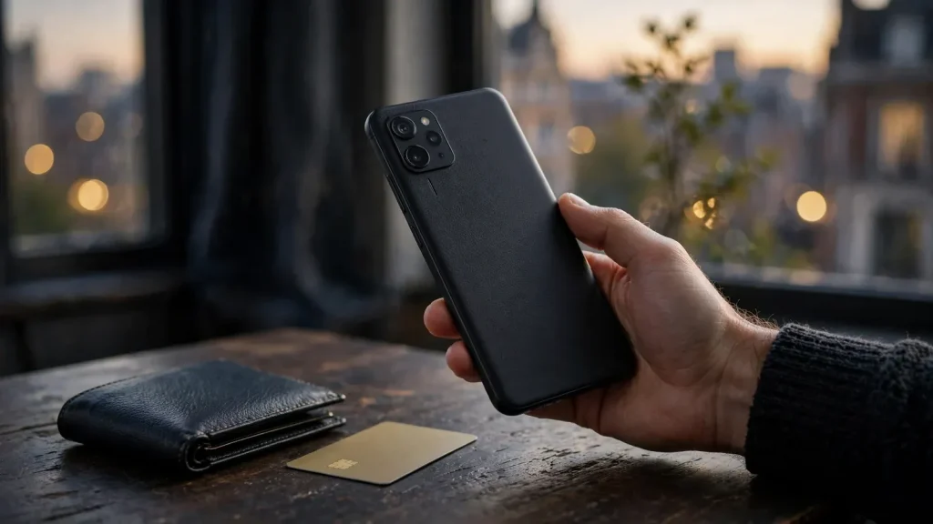Smartphone used for mobile casino payment beside a closed wallet