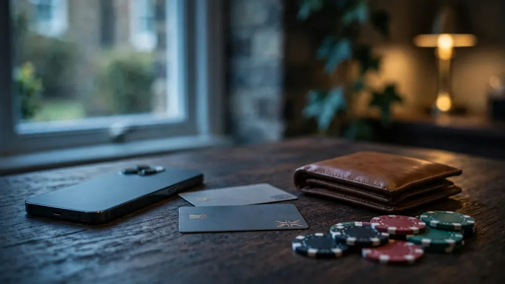 Smartphone, PayPal-style payment items, and casino chips on a UK-themed table