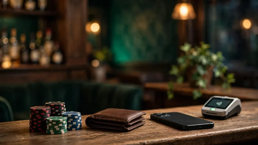 Casino chips and a closed wallet beside a face-down smartphone on a bar counter