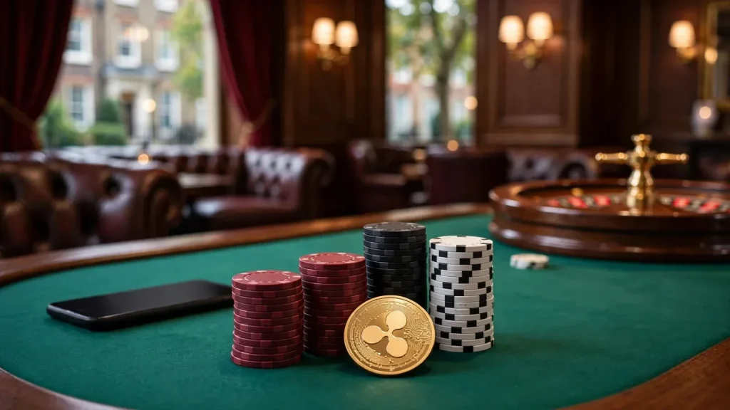 British casino table with chips, roulette wheel, and a Ripple coin