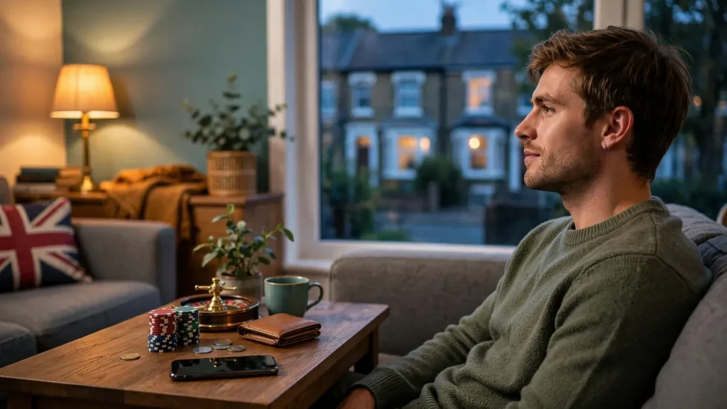 Smartphone face-down on table with casino chips and roulette wheel in UK living room