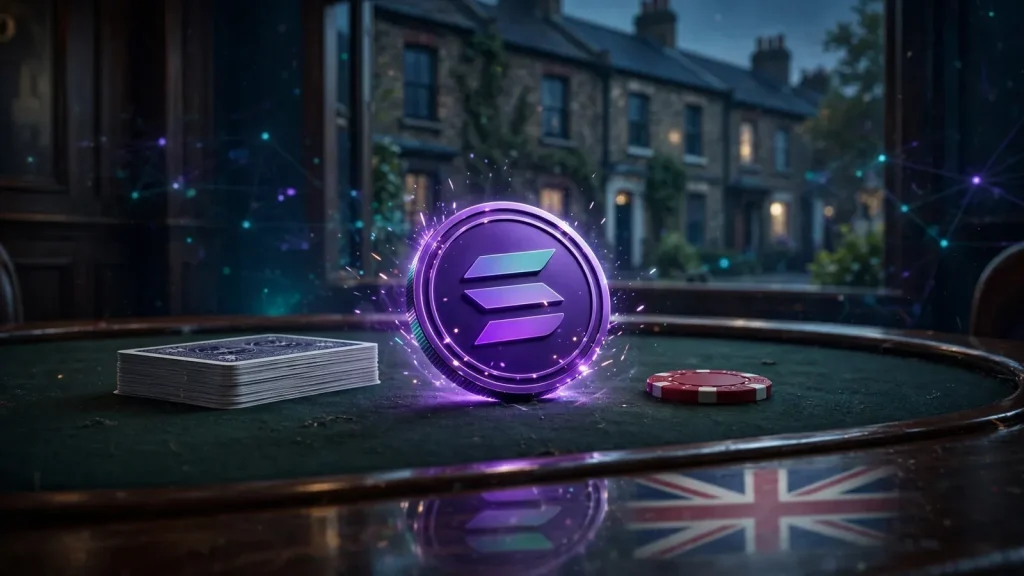 Solana coin on a casino table with chips and cards, UK setting
