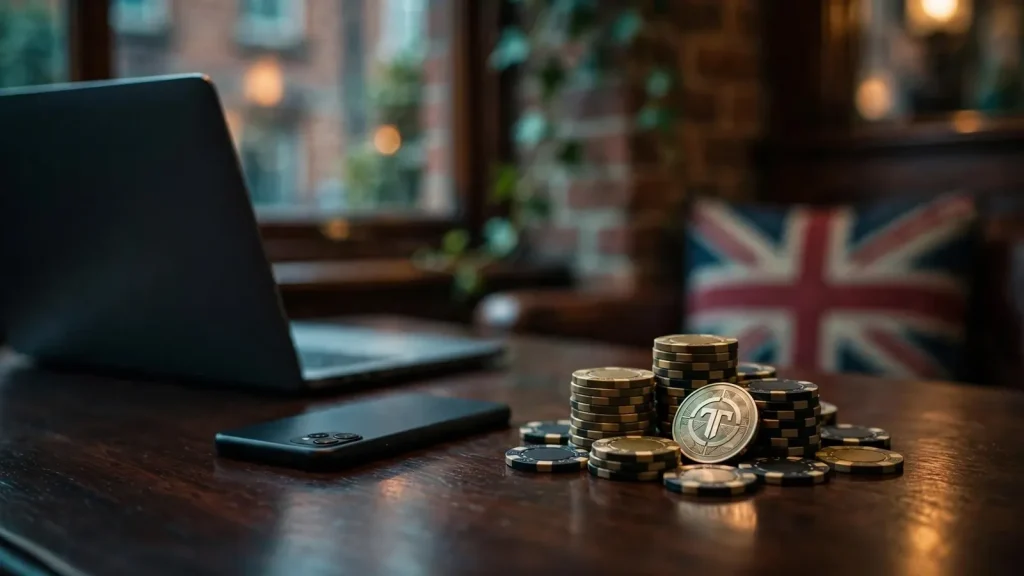 Casino chips, Tether coin token, and devices on a dark table