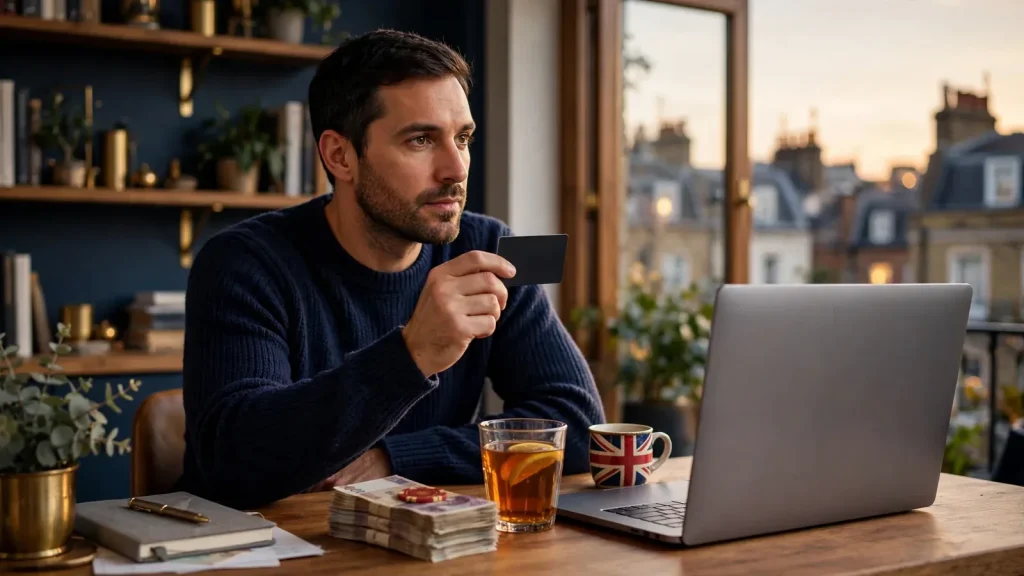 Person holding a payment card near a laptop in a British home office with casino chip and tea