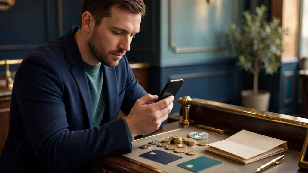 Player checking USDC payment and bonus conditions at a UK casino cashier