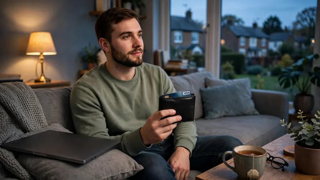 Person in UK home holding a bank card beside a closed laptop