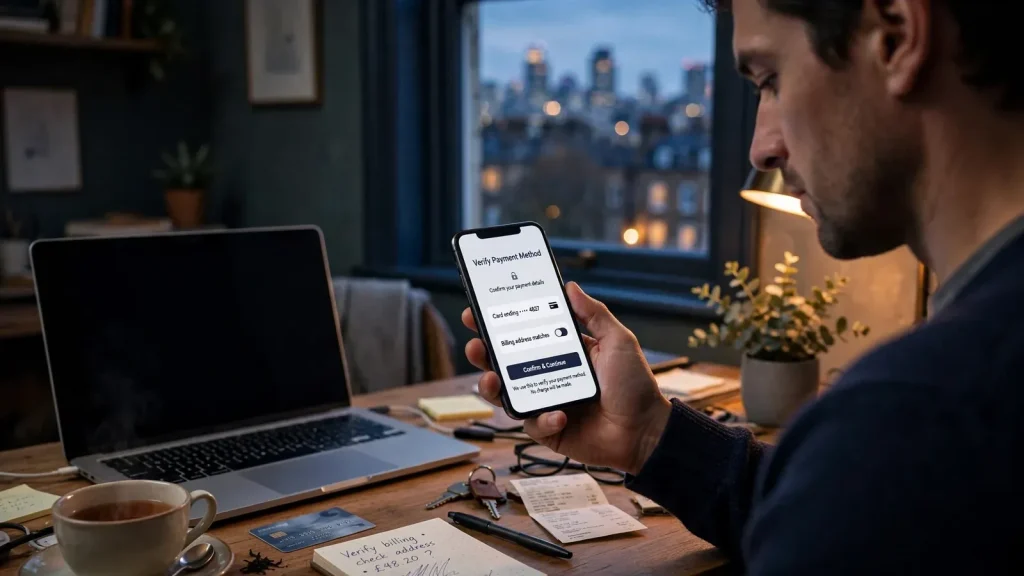 Person researching payment options on a smartphone at a UK home desk