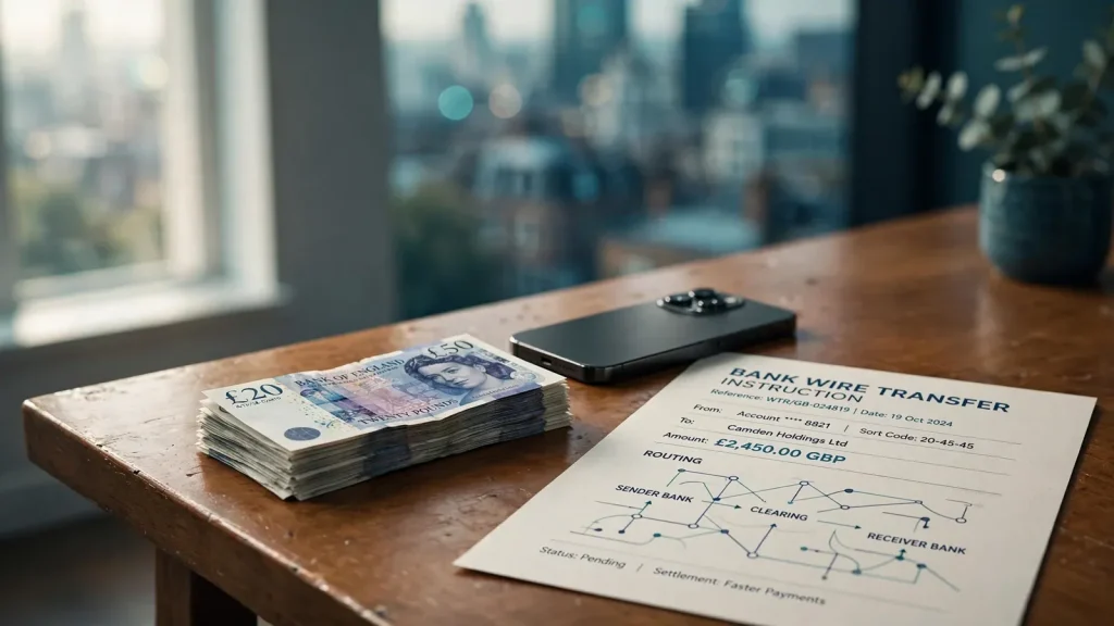British pounds, smartphone and wire transfer document on a desk