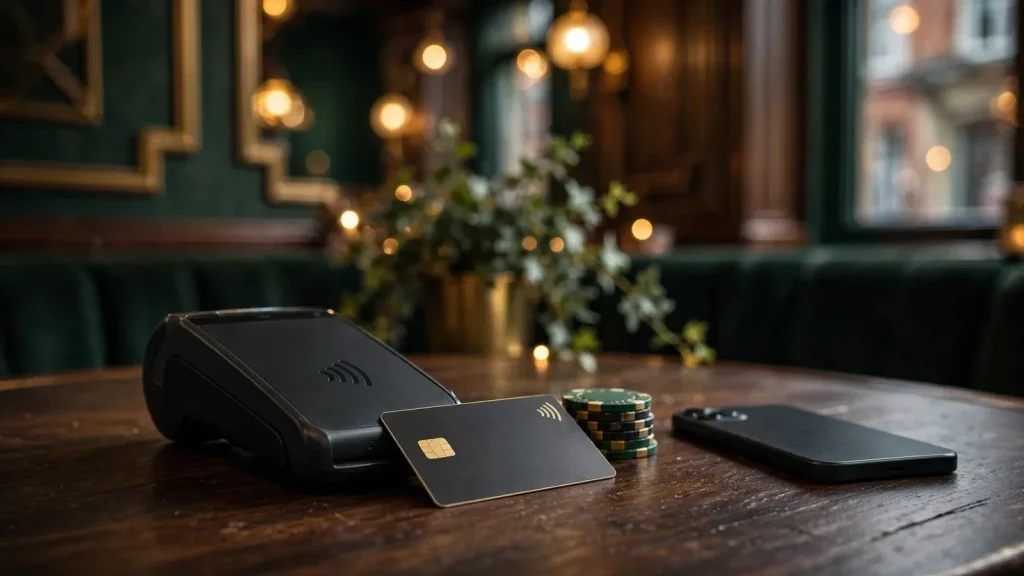 Payment card and contactless terminal on a casino table with poker chips