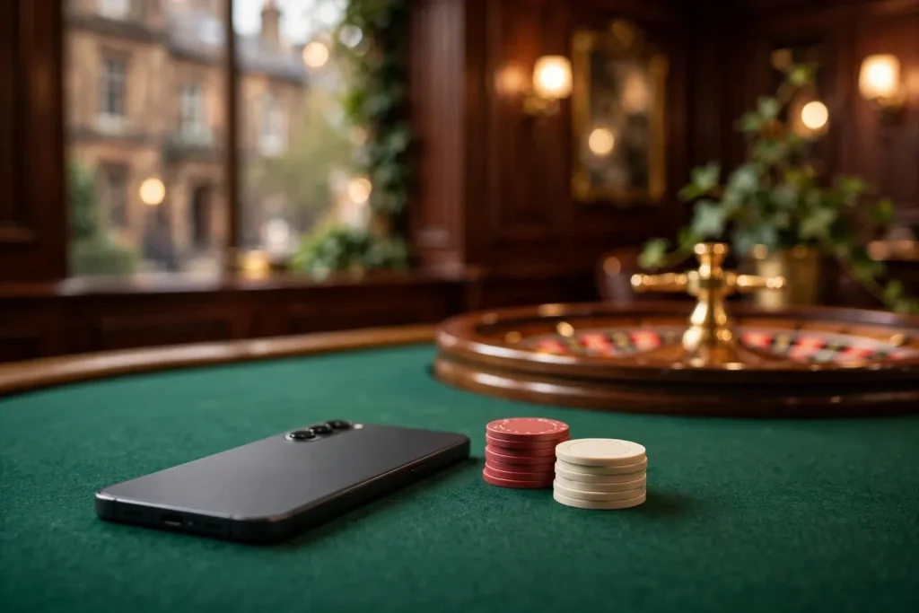 Smartphone lying face-down on green felt casino table near chips and roulette wheel