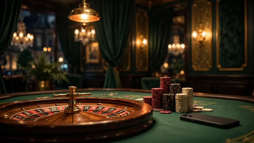 Moody luxury casino interior with roulette wheel, poker chips, and a face-down phone.