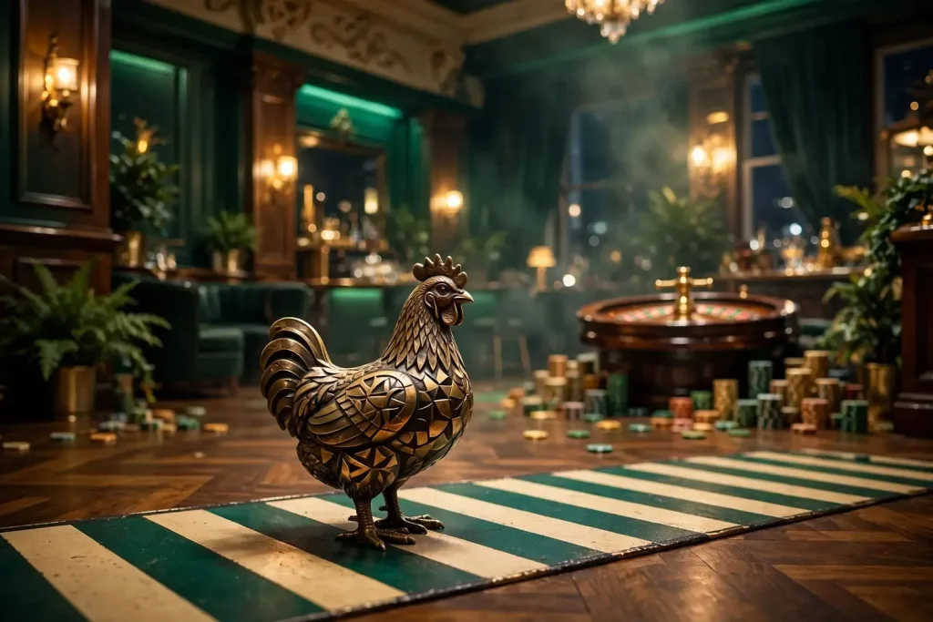 Stylised chicken on a striped crossing in a British casino lounge