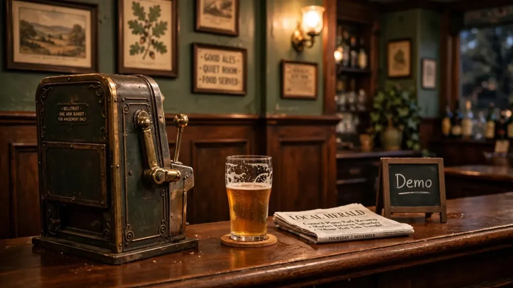 Vintage slot machine on a British pub counter beside a pint of ale