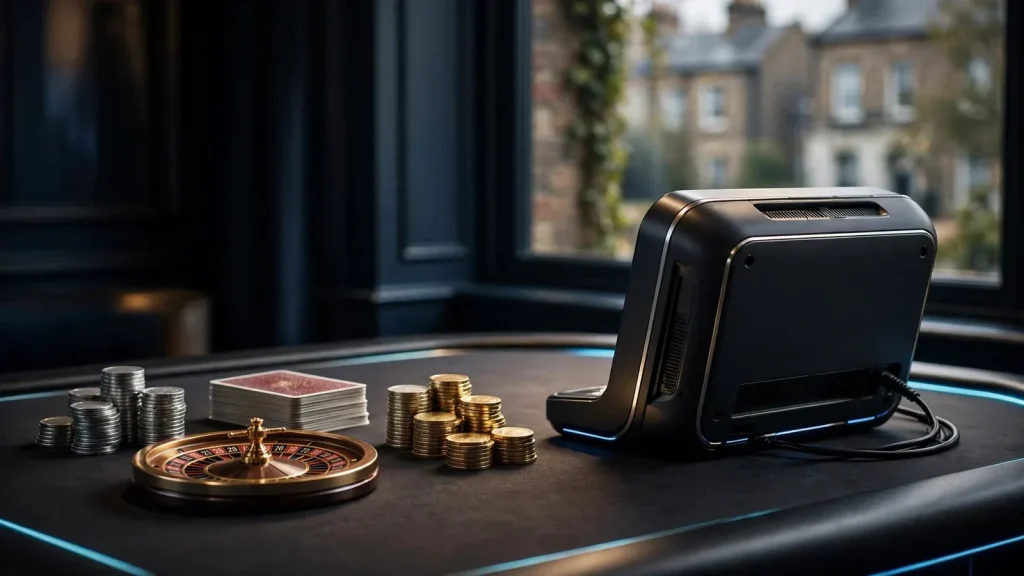 Modern unbranded slot machine and casino props on a dark table