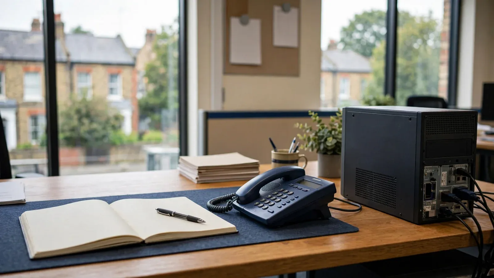 Welcoming editorial office desk with notebook, pen and telephone