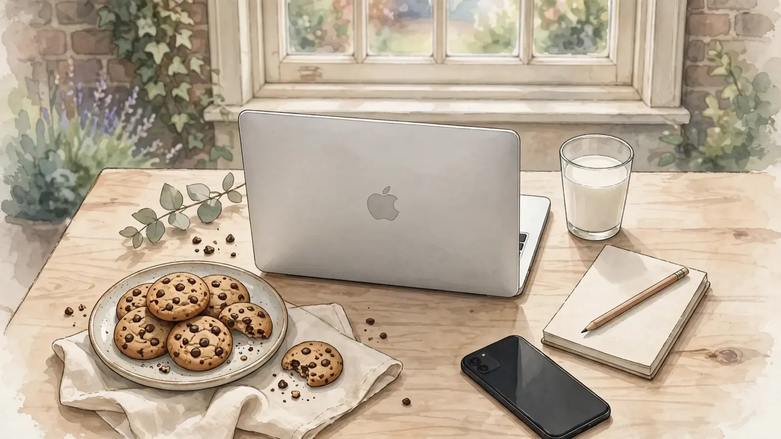 Cookies on a plate beside a laptop and smartphone on a wooden desk