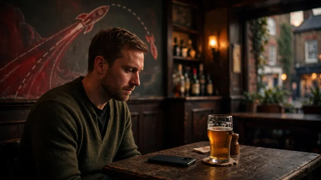 British player at pub table with face-down phone and crash game rocket mural