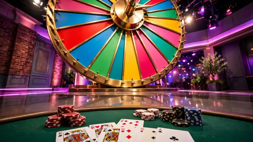 Colorful prize wheel on a glossy studio stage in a live casino game show