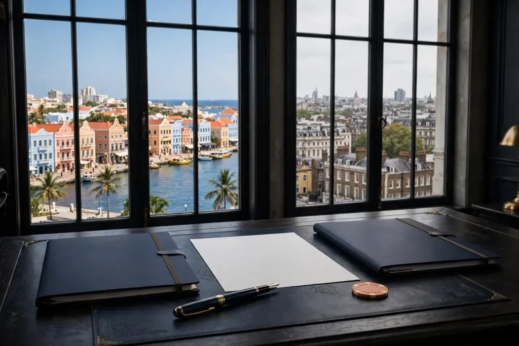 Curaçao harbour and London skyline frame licensing folders, certificate and casino chip.